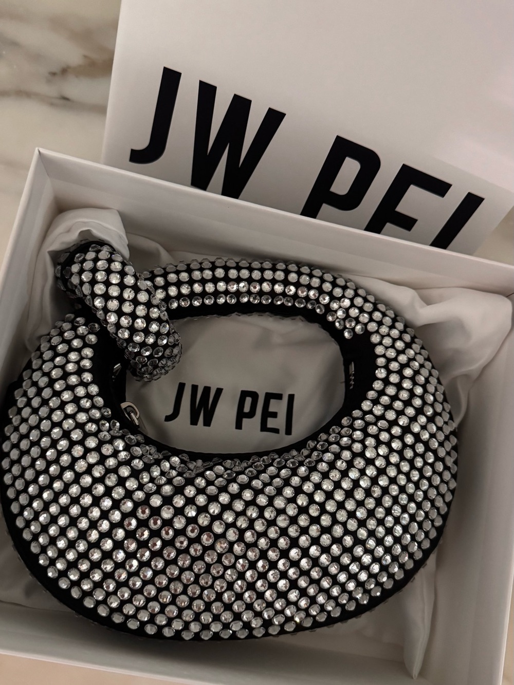 JW PEI Black Crystal-Studded Crescent Handle Bag